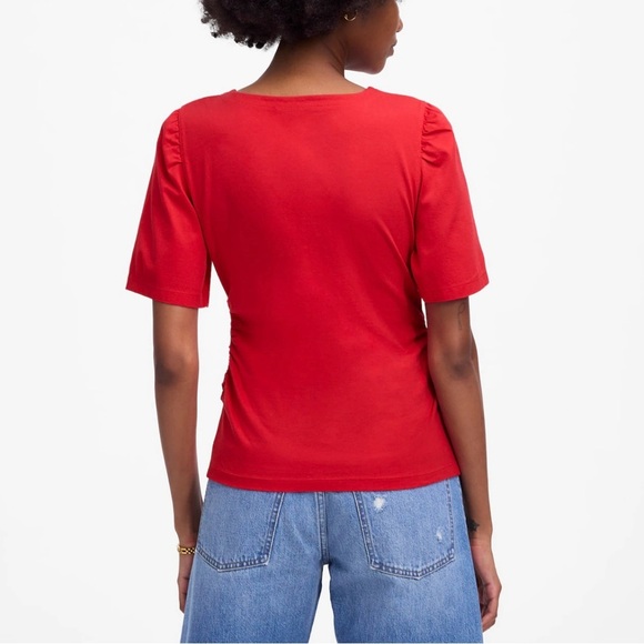 Madewell Side Cinch Puff Sleeve Tee Shirt NWT XS Red 100% Cotton - Picture 4 of 10